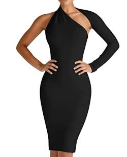 Maketina Damen-Kleid mit einer Schulter, rückenfrei, lange Ärmel, Bandage, Club, Party, figurbetont, Kleid, Schwarz, X-Klein von Maketina