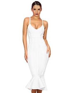 Maketina Damen Meerjungfrau Spaghetti Träger V Ausschnitt Bodycon Midi Cocktail Bandage Kleid, Weiß 1 (eine Größe größer bestellen), X-Groß von Maketina