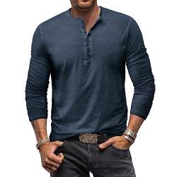 Henley Shirt Herren Langarm Vintage Langarmshirt Herren Baumwolle Knopf Longsleeve T-Shirt Männer Hemden Blau 3XL von MakingDa