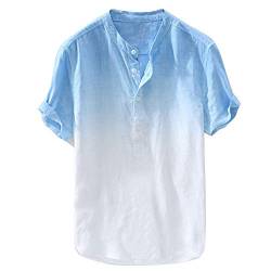 Henley-T-Shirt für Herren, mit Farbverlauf, kurzärmelig, lässig, leicht, kragenlos, Grandad, Knopfhemden, atmungsaktiv, Sommer-Lounge-Tops Bluse, blau, L von MakingDa