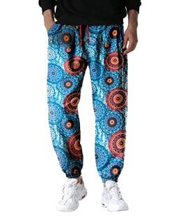 Herren Baumwolle Ethno-Stil Boho Print Hippie Hose Weites Bein Sweatpants 80er Jahre Party Böhmen Elastische Baggy Lounge Hosen, 4, 36-41 von MakingDa