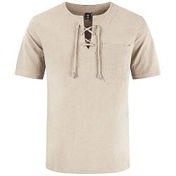 Herren Baumwolle Leinen Smart Casual Shirt Grandad Kragen Kordelzug Ghillie Hippie Henley Top, Kurzarm Beige, S von MakingDa