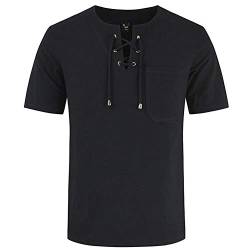 Herren Baumwolle Leinen Smart Casual Shirt Grandad Kragen Kordelzug Ghillie Hippie Henley Top, Kurzarm Schwarz, L von MakingDa