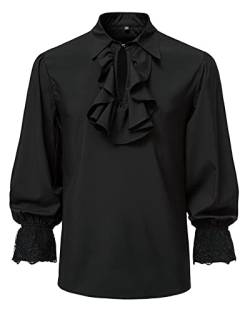 Herren Renaissance Steampunk Viktorianisch Langarm Jabot Kragen Mittelalter Piraten Hemd Tops, Schwarz , S von MakingDa