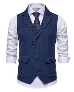 Herren Weste Formell Ärmellos V-Ausschnitt Tweed Weste Business Casual Kleid Anzug Weste mit Tasche, dunkelblau, L von MakingDa