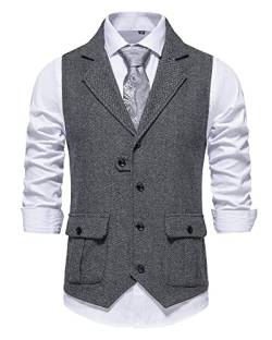 Herren Weste Formell Ärmellos V-Ausschnitt Tweed Weste Business Casual Kleid Anzug Weste mit Tasche, grau, L von MakingDa