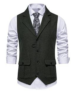 Herren Weste Formell Ärmellos V-Ausschnitt Tweed Weste Business Casual Kleid Anzug Weste mit Tasche, grün, L von MakingDa