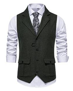 Herren Weste Formell Ärmellos V-Ausschnitt Tweed Weste Business Casual Kleid Anzug Weste mit Tasche, grün, S von MakingDa