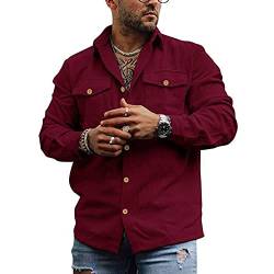 MakingDa Cordhemd Herren Langarm Button Hemdjacke Casual Einfarbig Hemden Cord Hemd Jacke Vintage Cordjacke Männer Regular Fit Rotwein XXL von MakingDa