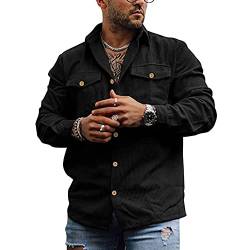 MakingDa Cordhemd Herren Langarm Button Hemdjacke Casual Einfarbig Hemden Cord Hemd Jacke Vintage Cordjacke Männer Regular Fit Schwarz L von MakingDa