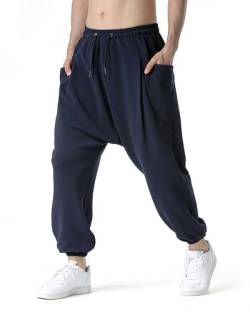 MakingDa Haremshose für Herren, einfarbig, tiefer Schritt mit Taschen, elastischer Taille, Stretch, Hippie-Ploomer-Hose, schmale Passform, Sweatpants für Laufen, Joggen, Yoga Gr. 36-41, marineblau von MakingDa