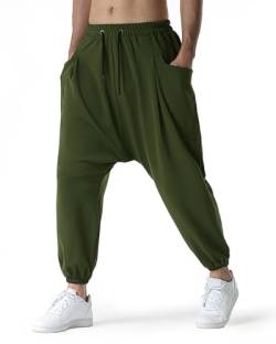 MakingDa Haremshose für Herren, einfarbig, tiefer Schritt mit Taschen, elastischer Taille, Stretch, Hippie-Ploomer-Hose, schmale Passform, Sweatpants für Laufen, Joggen, Yoga Gr. 41-44.5, armee-grün von MakingDa