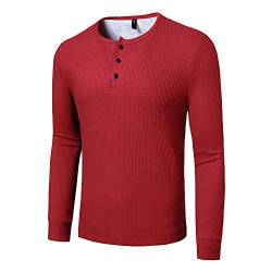 MakingDa Henley Basic Hemd für Herren, einfarbig, kragenlos, langärmelig, lässig, intelligentes T-Shirt, leicht, schmale Passform, Knopfleiste mit Rundhalsausschnitt, weinrot, M von MakingDa