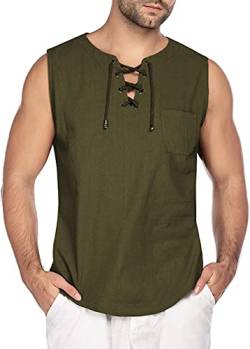 MakingDa Herren Baumwoll-Leinen-Hemd, lässig, Großvater-Kragen, Kordelzug, Ghillie Hippie Henley Top Gr. 3XL, Ärmellos, Armee-Grün von MakingDa