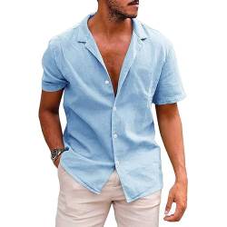 MakingDa Herren Baumwolle Leinen Hemden Kurzarm Loose Fit Hemden Cuban Collar Button Down Sommer Casual Strand Shirt Tops, hellblau, XL von MakingDa