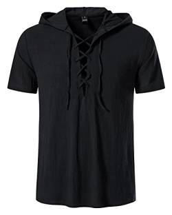 MakingDa Herren Baumwolle Retro Schnürung Hemden Kapuze Sommer Kurzarm Smart Casual Strand Hoodies Tops, Schwarz , XL von MakingDa