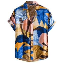 MakingDa Herren Funky Floral Hawaiihemd Kurzarm Hawaii Print Hemd Sommer Casual Strand Urlaub Aloha Blumen Hemd Blau Gelb L von MakingDa