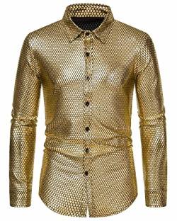 MakingDa Herren Kleid Hemd Rhombus Bronzing Print Langarm Button Down Shirts 70er Jahre Disco Party Kostüm, gold, L von MakingDa