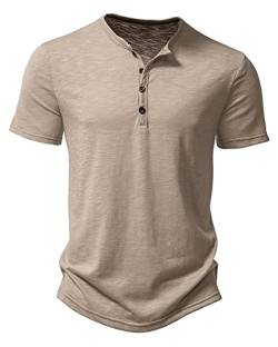 MakingDa Lässiges Henley-Shirt für Herren, lang/kurzärmelig, Muskel-Passform, stilvoll, 4 Knöpfe, eng anliegend, T-Shirts, khaki, L von MakingDa