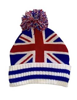 Strickmütze für den Winter, Design: amerikanische Flagge und UK-Flagge, Mütze für Damen und Herren, warm mit Bommel - Beanie - Modell USA und UK, Blau, 56 cm von Makio
