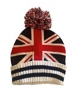 Strickmütze für den Winter, Design: amerikanische Flagge und UK-Flagge, Mütze für Damen und Herren, warm mit Bommel - Beanie - Modell USA und UK, UK schwarz, 56 cm von Makio