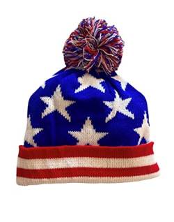 Strickmütze für den Winter, Design: amerikanische Flagge und UK-Flagge, Mütze für Damen und Herren, warm mit Bommel - Beanie - Modell USA und UK, USA, Blau, 56 cm von Makio