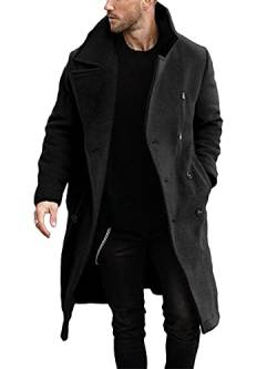 Herren Zweireihiger Trenchcoat Casual Reverskragen Business Winter Lange Mantel, schwarz, Medium von Makkrom