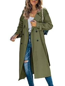 Makkrom Damen Zweireihiger langer Trenchcoat Winddicht Klassisch Revers Slim Mantel mit Gürtel, 01 Dunkelgrün, Medium von Makkrom