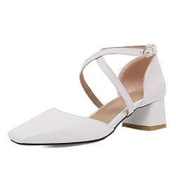 Makmeoyw Damens Cross-Tied Pumps Square Toe Low Block Heel Pumps Damen Kn?Chelriemchen Sandalen Cross Strap Hochzeit ScHohe Dress Pumps Size 42 von Makmeoyw