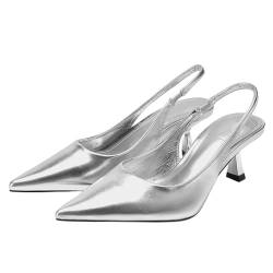 Makmeoyw Metallic Silver Slingback Pumps für Frauen Kitten Heel Closed Pointed Toe Sling Back Heels Abend Pumps Hochzeit Party Dress Sandalen Size 5 von Makmeoyw