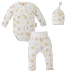 Babykleidung Set Wickelbody Langarm Hose mit Fuß & Mütze mit Knoten - Erstausstattung Neutral Neugeborene - Baby Geschenk (Li & Lu, 62) von Makoma