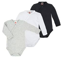 Makoma Baby Body Langarm Wickelbody 3er Pack für Neugeborene Jungen & Mädchen Unisex 100% Baumwolle (62, Schwarz/Weiß/Grau) von Makoma