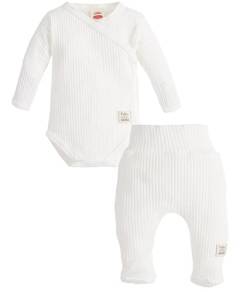 Makoma Baby Body Langarm Wickelbody & Hose mit Fuß Gerippt 2tlg. - Erstausstattung Set für Neugeborene Jungen & Mädchen - Babykleidungsset (56, HarmonyWeiß) von Makoma