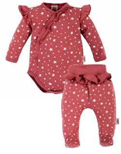 Makoma Baby Erstausstattung 2er Set – Baby Body Langarm Wickelbody - Strampelhose - Hose mit Fuß für Neugeborene Jungen und Mädchen – 100% Baumwolle (68, SterneRot) von Makoma