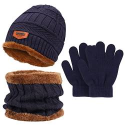 Makone Winter Kindermütze Schal und Handschuhe Set, Winter verdickes Fleece warm Strickmütze Rundschal Handschuhe mit weichem Fleecefutter, geeignet für Jungen 4-8 Jahre alt(Schwarz) von Makone