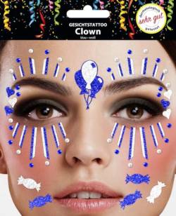 Gesichtstattoo - Glitzer Aufkleber Klebetattoos Temporäres Glitter Face Tattoo Motto Party Karneval Halloween (Clown Blau Weiß) von Makotex