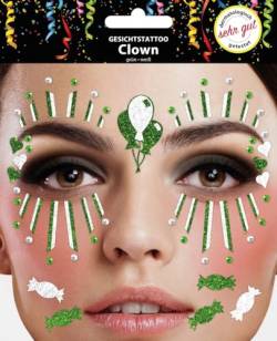 Gesichtstattoo - Glitzer Aufkleber Klebetattoos Temporäres Glitter Face Tattoo Motto Party Karneval Halloween (Clown Grün Weiß) von Makotex
