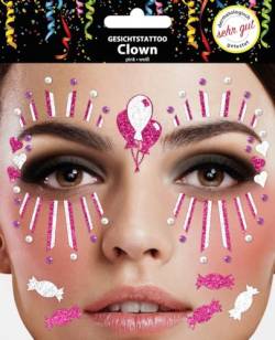 Gesichtstattoo - Glitzer Aufkleber Klebetattoos Temporäres Glitter Face Tattoo Motto Party Karneval Halloween (Clown Pink Weiß) von Makotex
