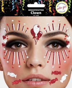 Gesichtstattoo - Glitzer Aufkleber Klebetattoos Temporäres Glitter Face Tattoo Motto Party Karneval Halloween (Clown Rot Weiß) von Makotex