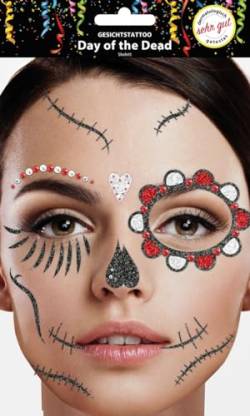 Gesichtstattoo - Glitzer Aufkleber Klebetattoos Temporäres Glitter Face Tattoo Motto Party Karneval Halloween (Day of Dead Rot Weiß) von Makotex