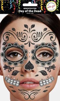 Gesichtstattoo - Glitzer Aufkleber Klebetattoos Temporäres Glitter Face Tattoo Motto Party Karneval Halloween (Day of Dead Schwarz Weiß) von Makotex