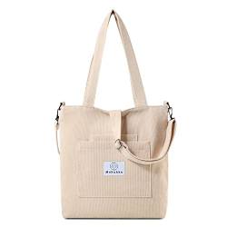 Makukke Cord Tote Bag mit Reißverschluss, Damen Schultertaschen für Büro Schule Einkaufen Reisen, khaki, Medium von Makukke