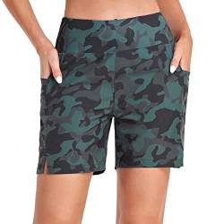 MakyeAme Damen-Badeshorts, schnell trocknend, 12,7 cm, hohe Taille, Strand-Boardshorts, Badeanzughose, Bademode mit Taschenfutter, Camo, Medium von MakyeAme