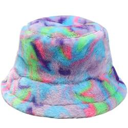 Damen Tie Dye Lila Blau Grün Plüsch Fischerhut Wintermütze Flauschige Bucket Hat Warme Anglerhut von Malaxlx