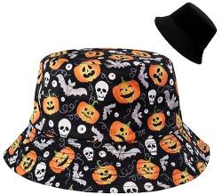 Malaxlx Damen Halloween Kürbis Schädel Fischerhut Bucket Hat Anglerhut Reversibel Fischerhüte Sonnenhut Sommerhut Faltbarer Draussenhut von Malaxlx