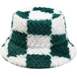 Malaxlx Damen Kariertes Grün Plüsch Fischerhut Wintermütze Flauschige Bucket Hat Warme Anglerhut von Malaxlx