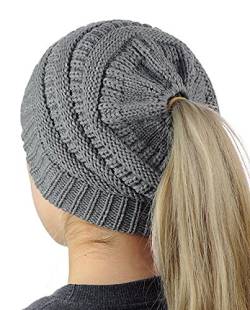 Malaxlx Damen Mädchen Gestrickt Verdicken Hut mit Zöpfen Loch Loop Strickmütze Wintermütze von Malaxlx