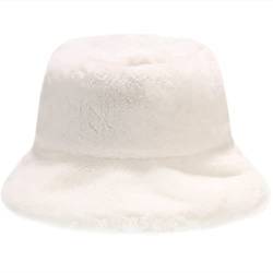 Malaxlx Damen Weiß Plüsch Fischerhut Wintermütze Flauschige Bucket Hat Warme Anglerhut von Malaxlx