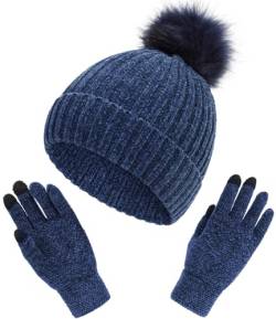 Malaxlx Navy Blau Wintermütze Strickmütze Warme Winter Beanie Mütze Bommelmütze Touchscreen Handschuhe Set für Damen Herren von Malaxlx