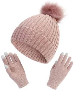 Malaxlx Rosa Wintermütze Strickmütze Warme Winter Beanie Mütze Bommelmütze Touchscreen Handschuhe Set für Damen Herren von Malaxlx